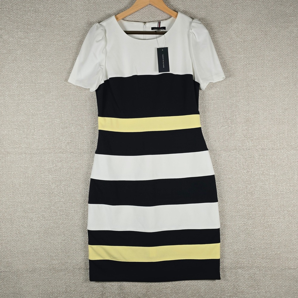 Tommy Hilfiger Womens Navy White Yellow Striped Sheath Dress A4AC1A11 Size 10